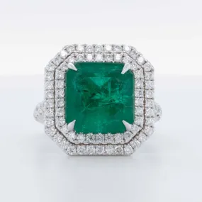 14k White Gold 5.89ct Em Cut Emerald & Diamond Double Halo Ring 0.98ctw Size 7