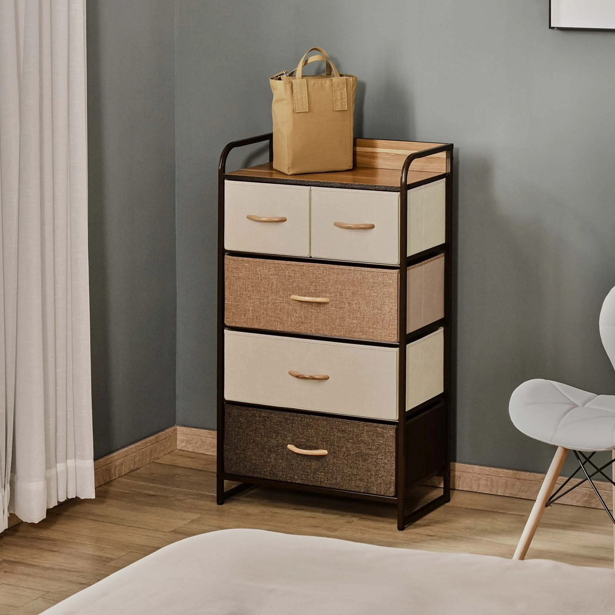 5-Drawer Dresser Tower 3-Tier Storage Organizer with Steel Frame Wooden Top for Bedroom Hallway Closets Closet Dresser, With 5 Linen