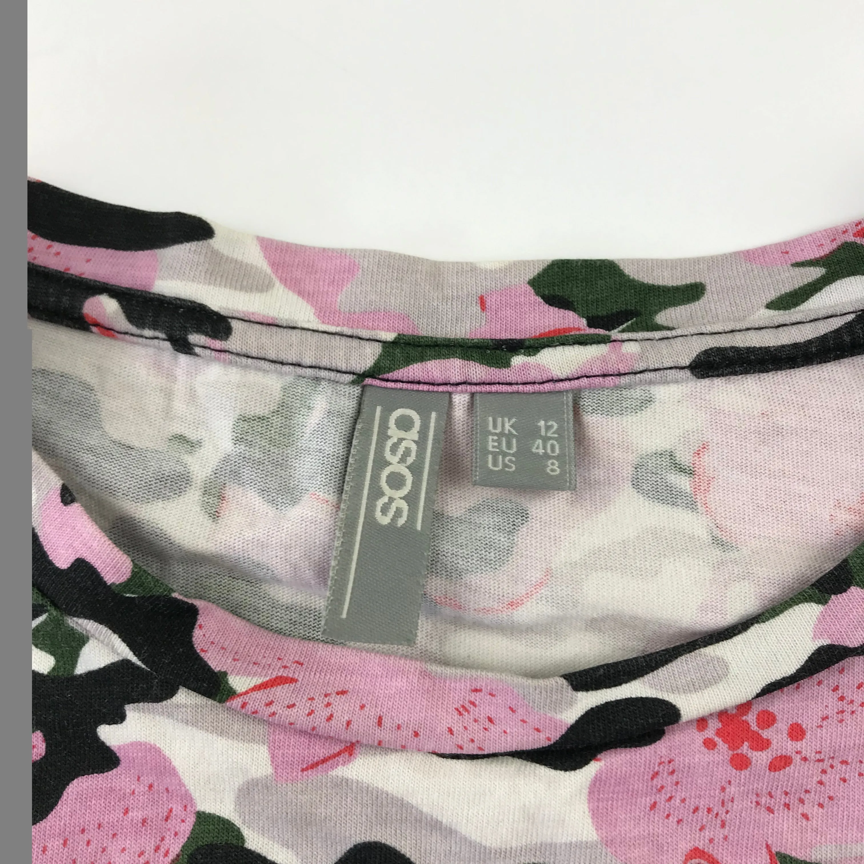 ASOS T-shirt size 12 women pink khaki floral camo pattern oversized Cotton