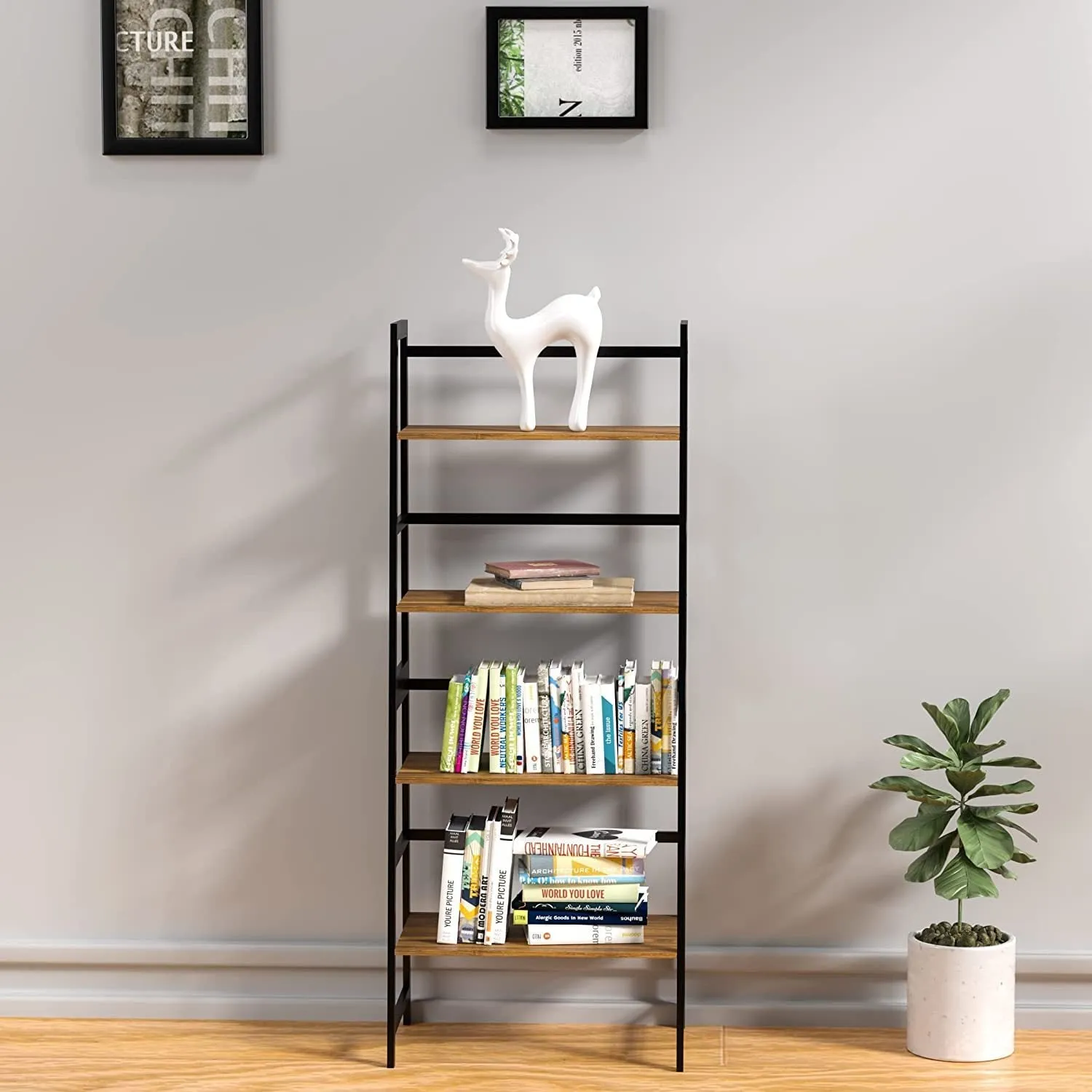 Bookshelf, Ladder Shelf, 4 Tier Tall Bookcase, Modern Open Book Case for Bedroom, Living Room, Office (Brown)