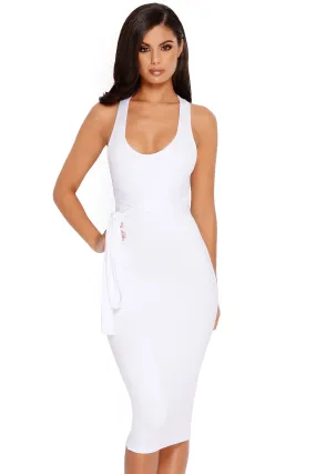 Bow All Out Tie Belt Double Layered Midi Dress in White