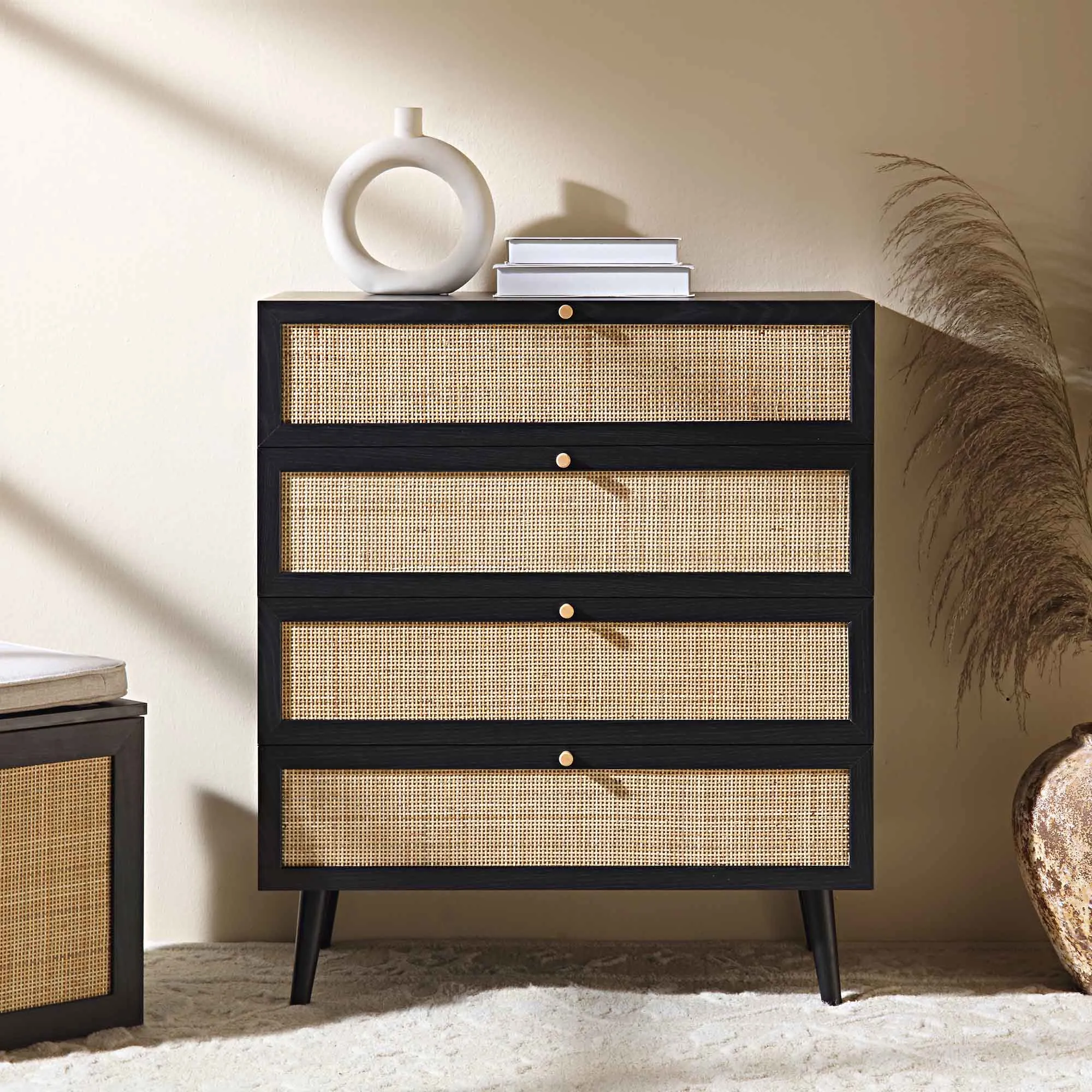 Frances Woven Rattan Tall Chest of 4 Drawers, Black