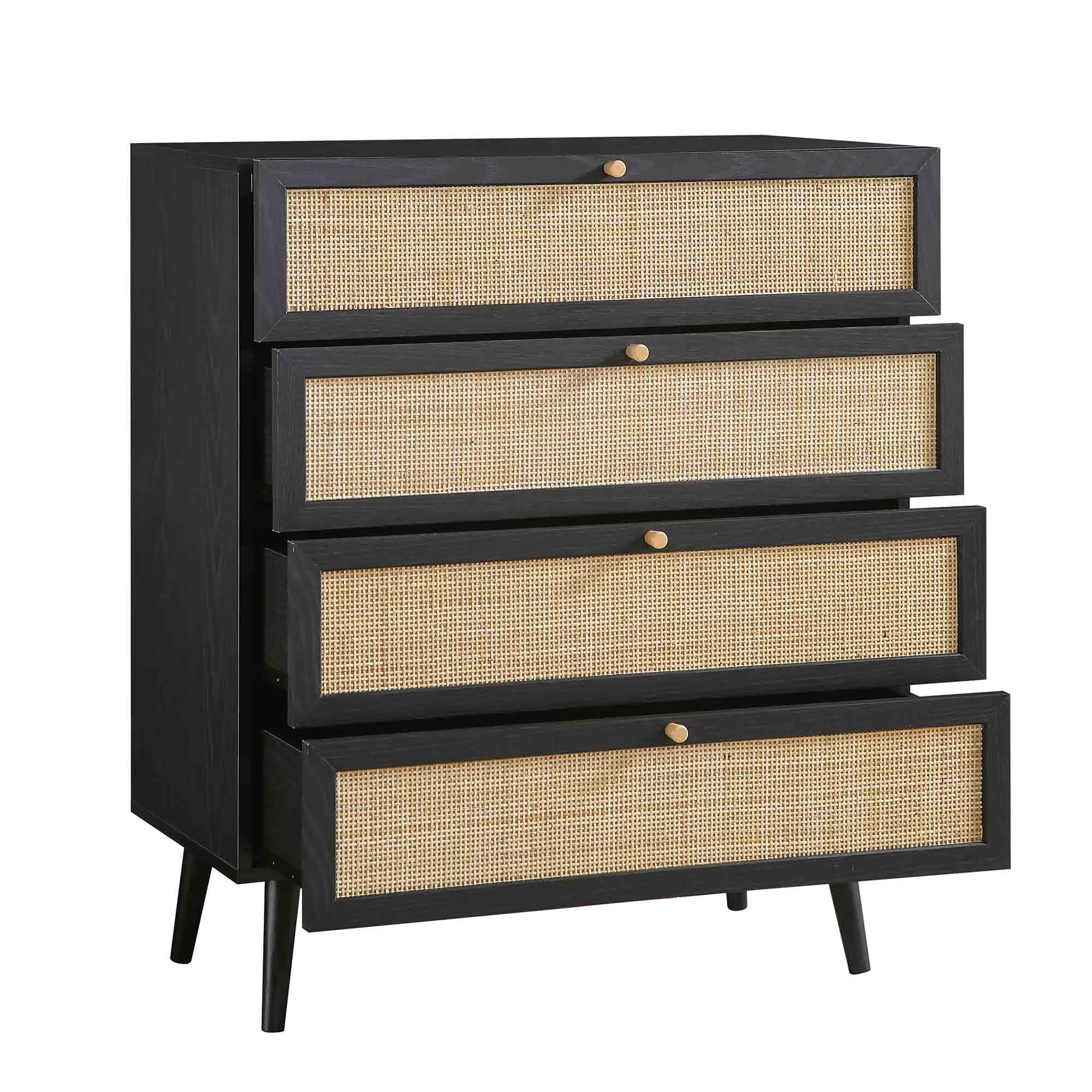 Frances Woven Rattan Tall Chest of 4 Drawers, Black