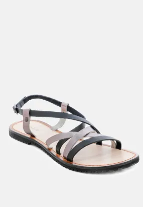 JUNE Black Strappy Flat Leather Sandals