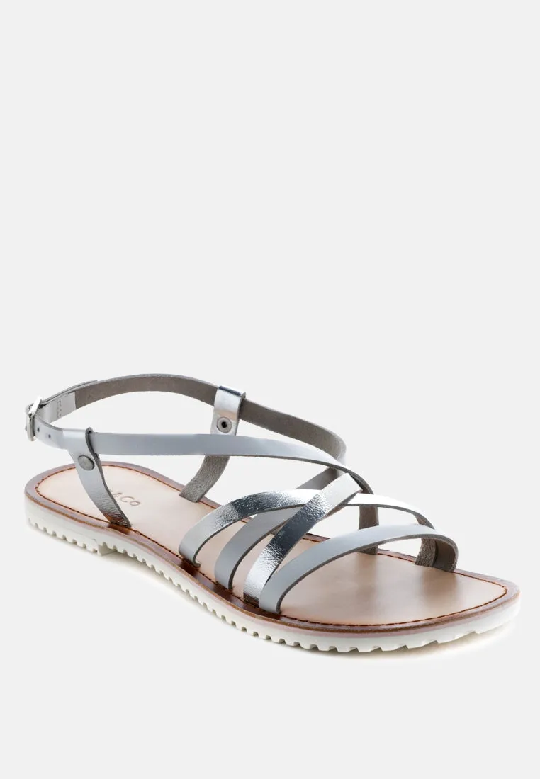 JUNE Silver Strappy Flat Leather Sandals