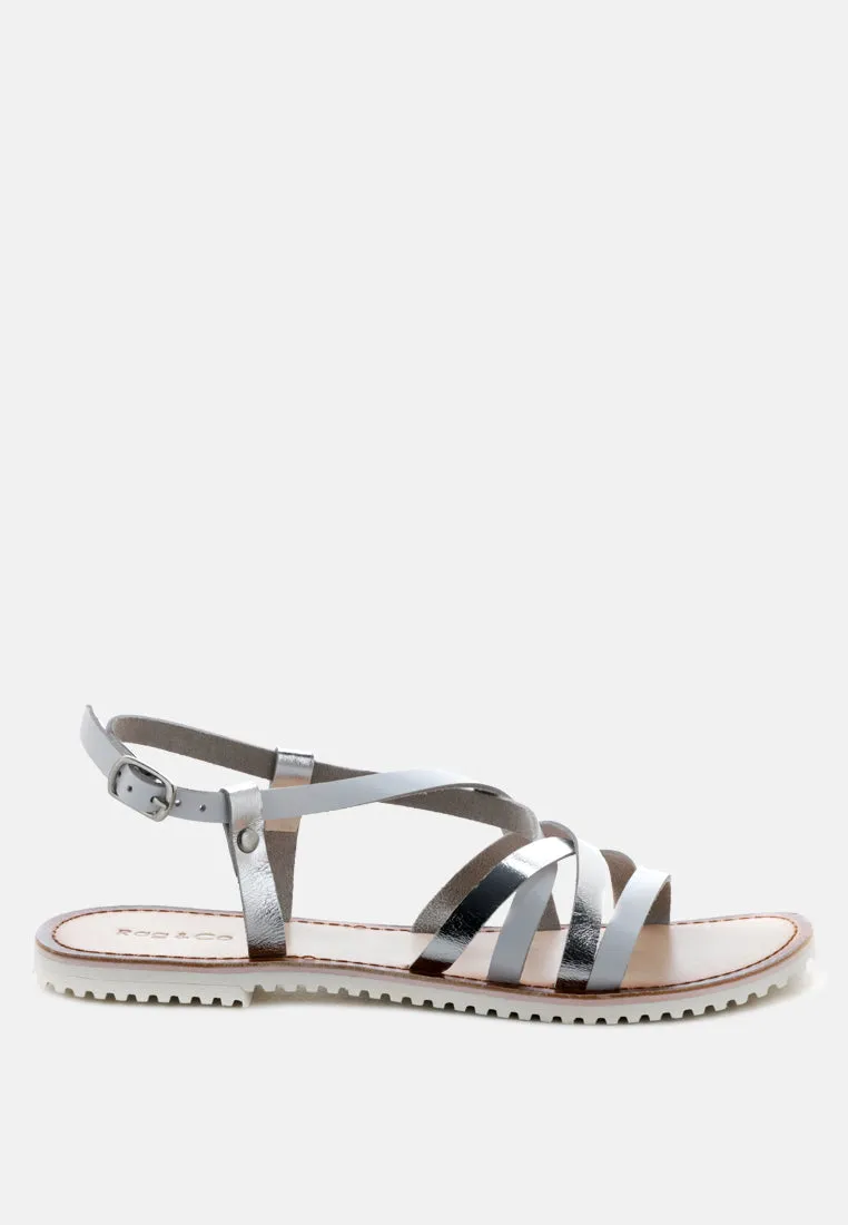 JUNE Silver Strappy Flat Leather Sandals