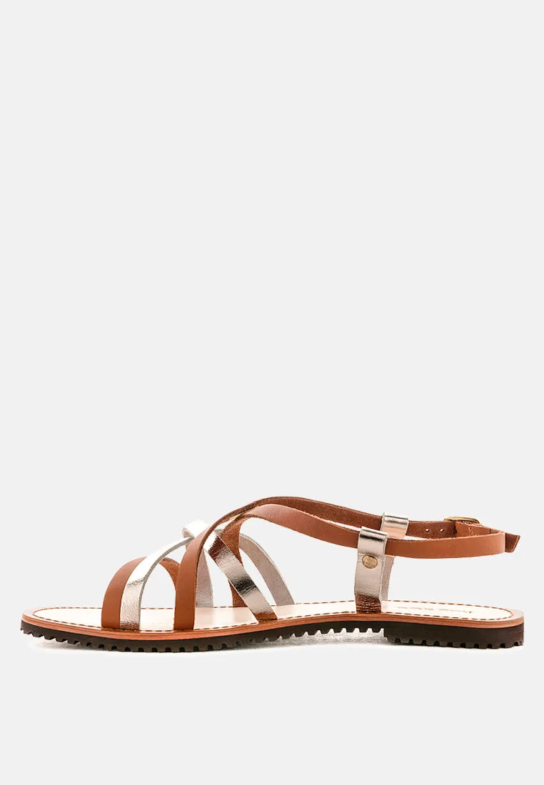 JUNE Tan Strappy Flat Leather Sandals