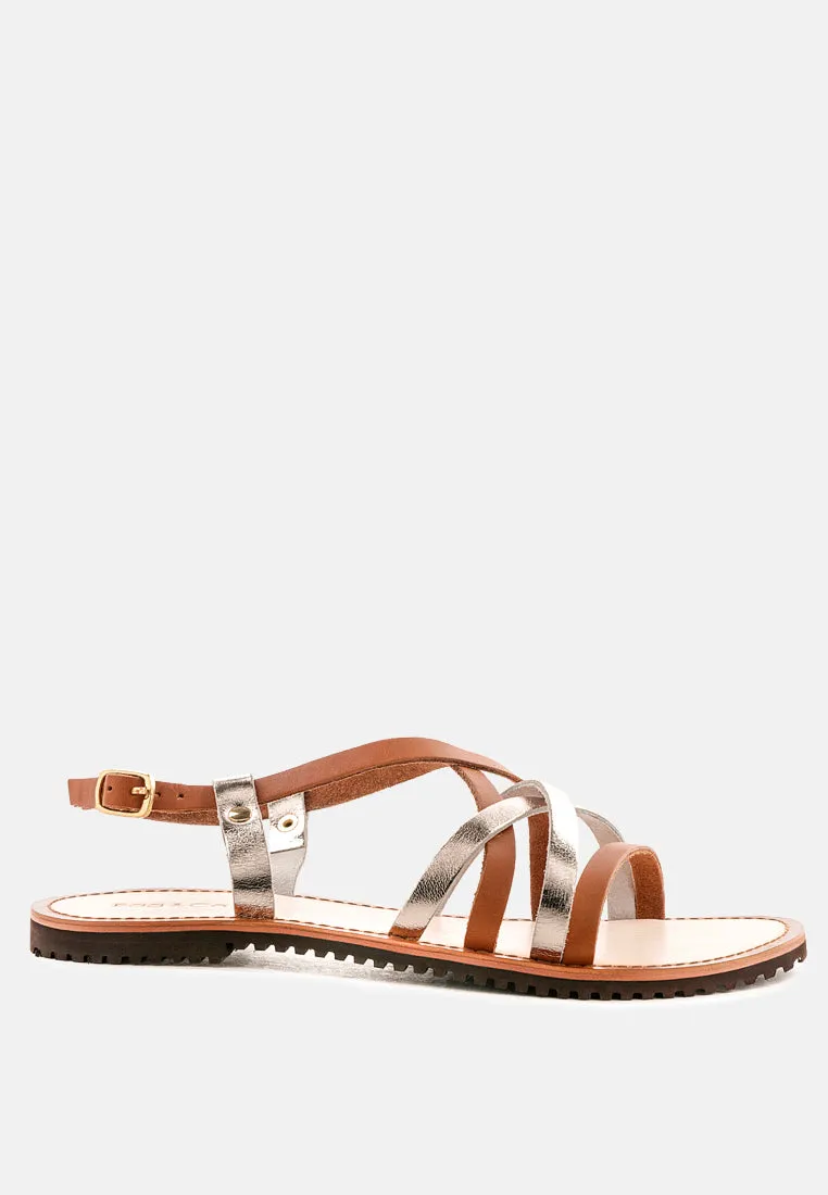 JUNE Tan Strappy Flat Leather Sandals