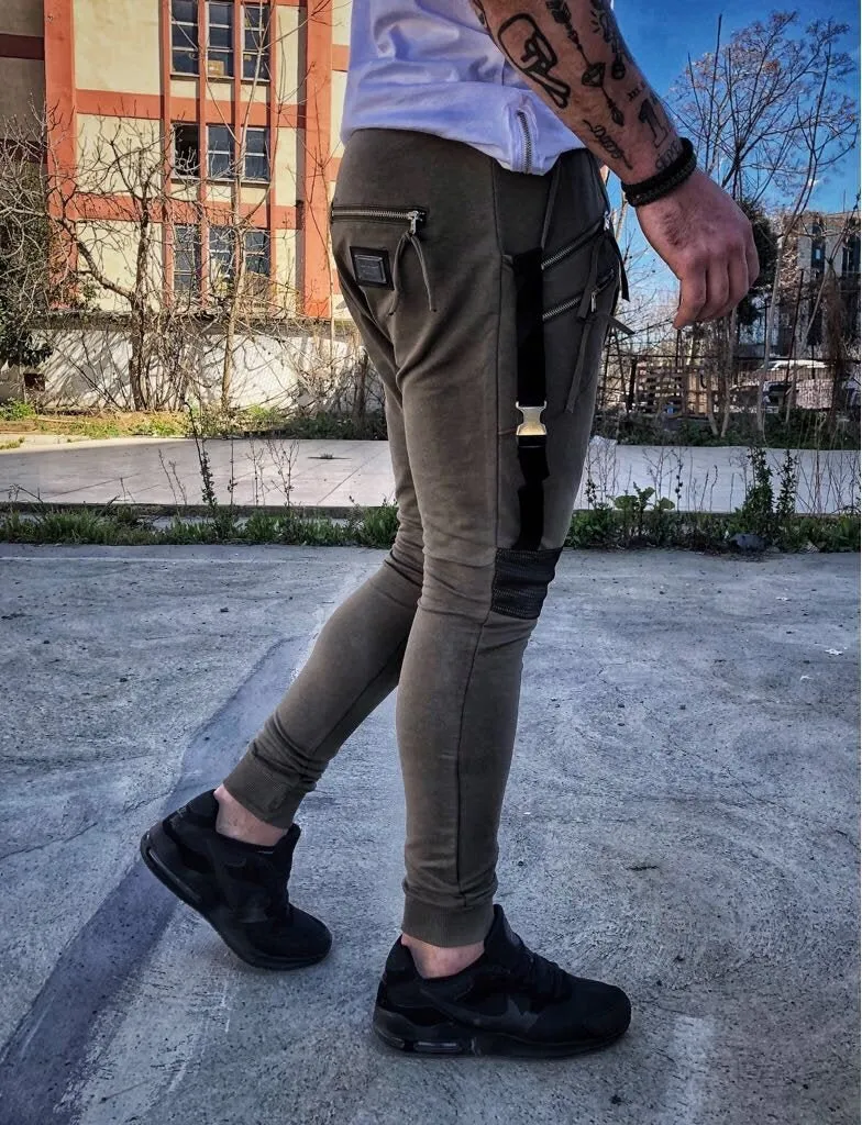 Khaki Double Zipper Pockets Jogger Pant DM11 Streetwear Jogger Pants