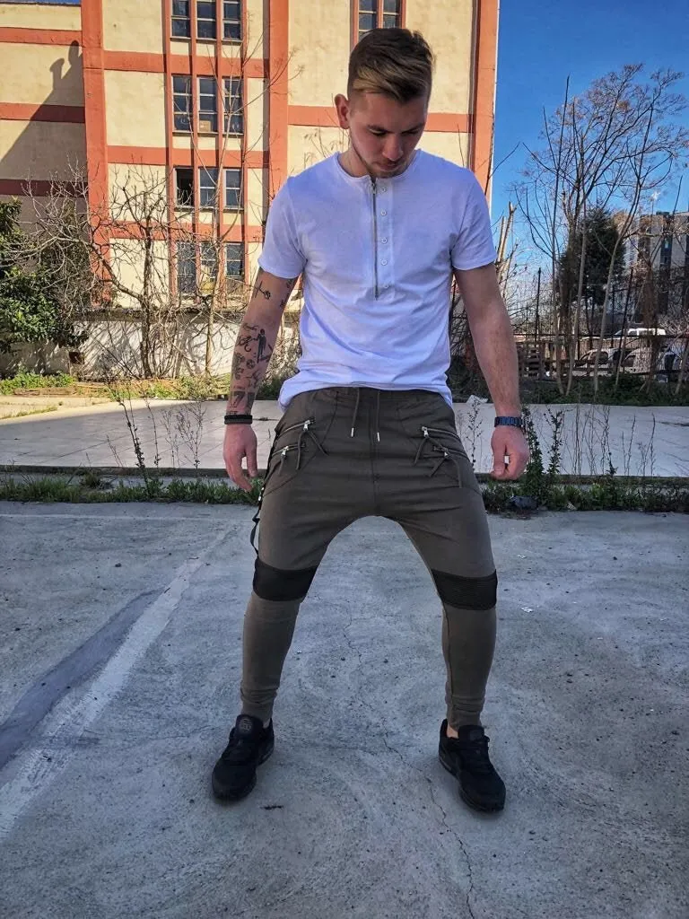 Khaki Double Zipper Pockets Jogger Pant DM11 Streetwear Jogger Pants