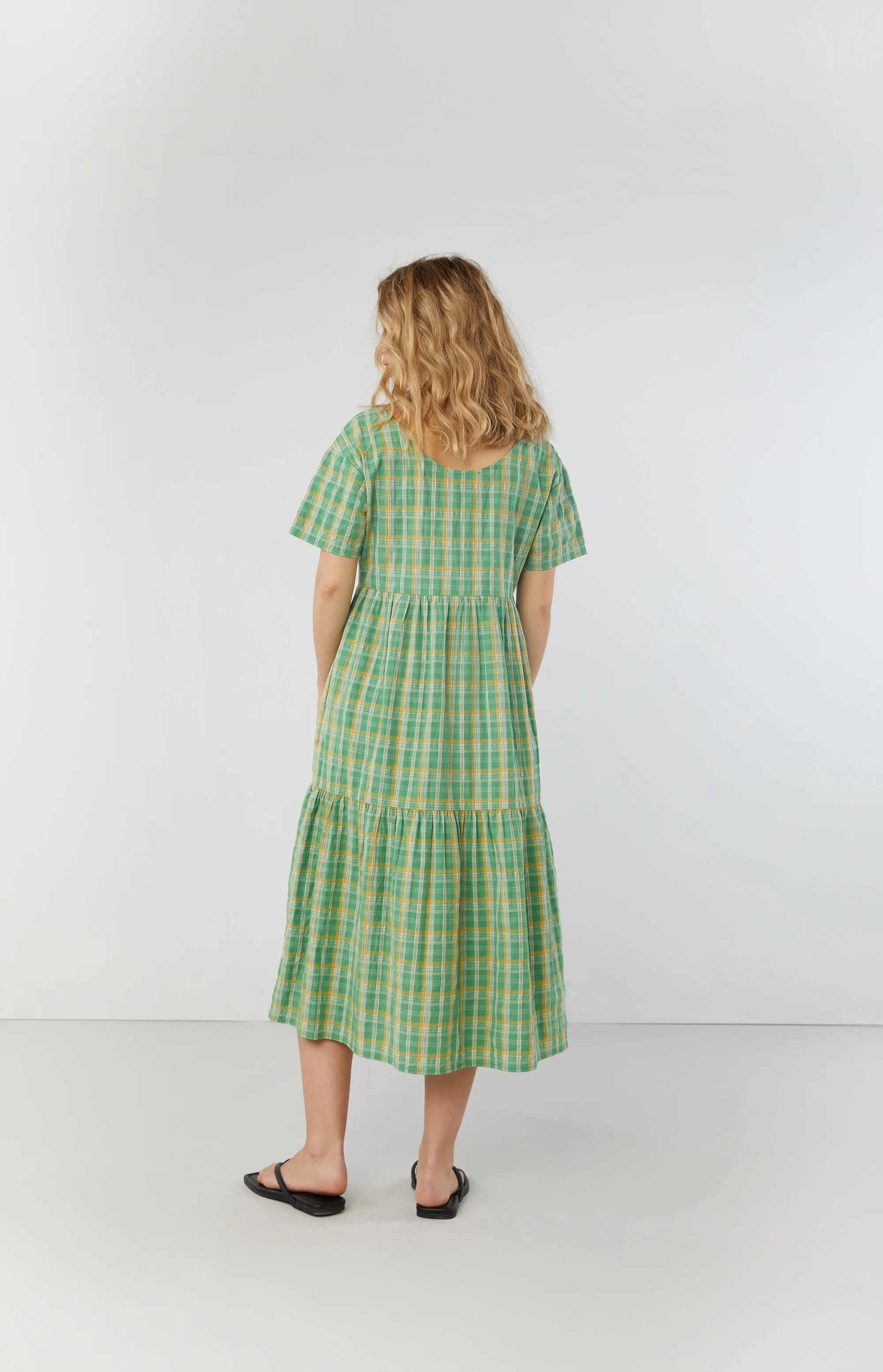 PLAID TIERED MIDI DRESS