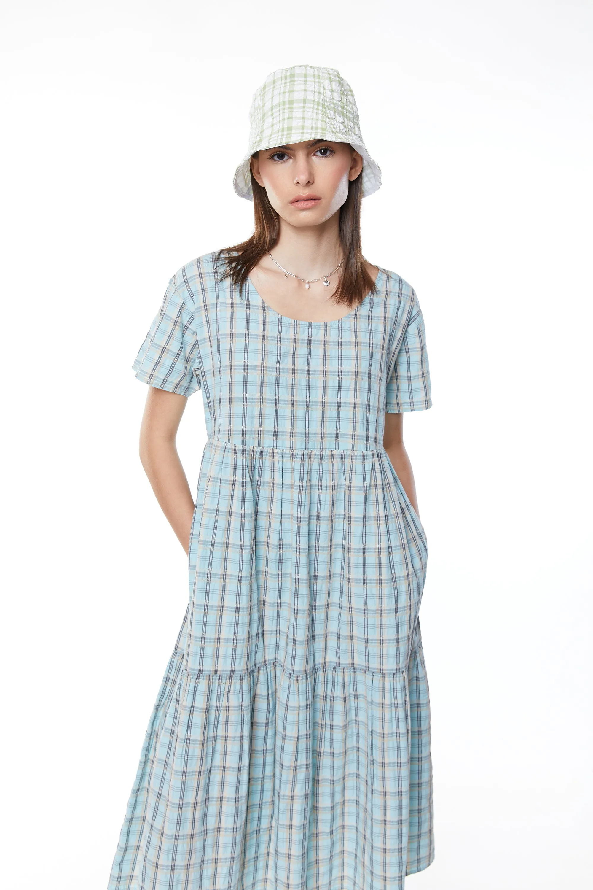 PLAID TIERED MIDI DRESS