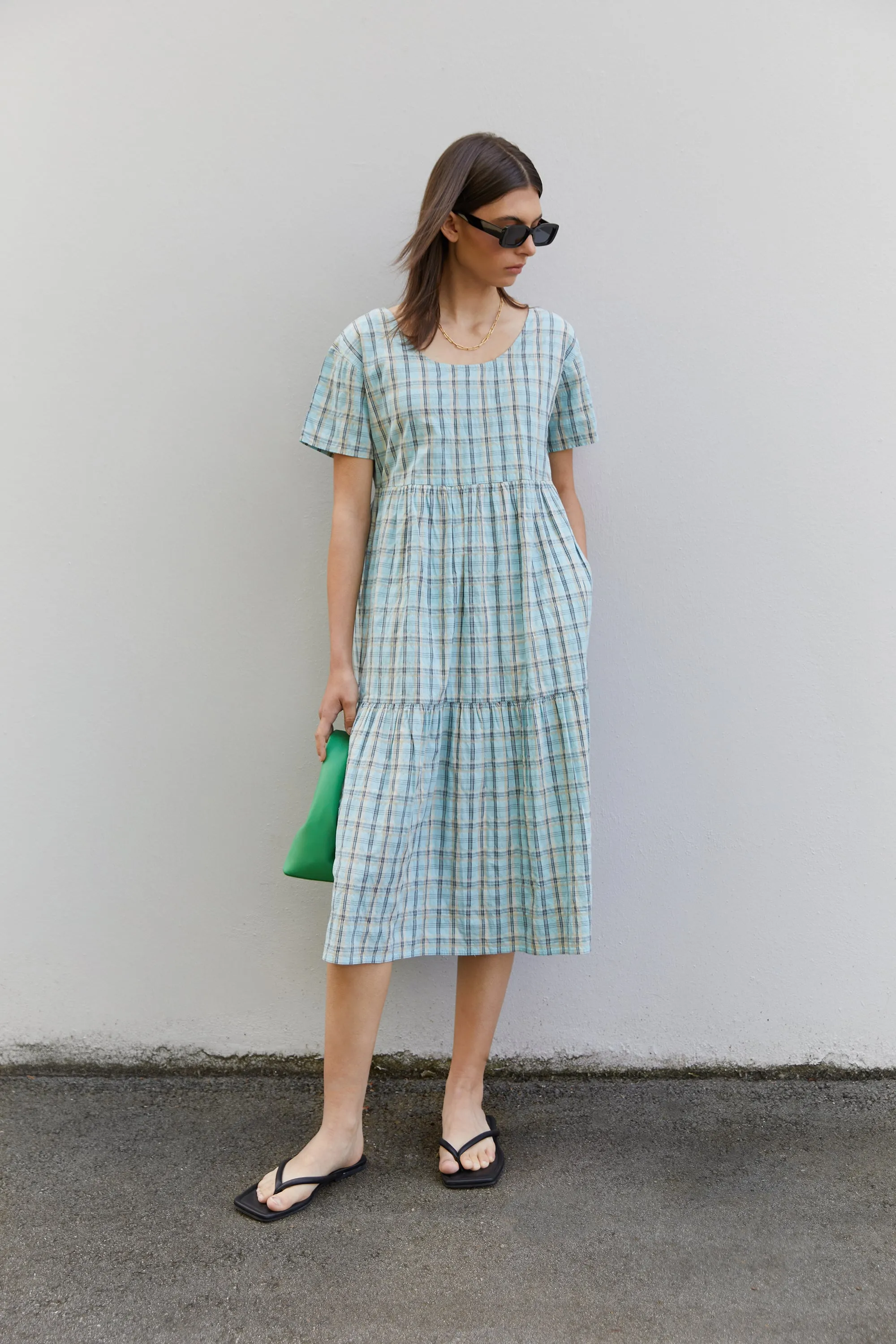 PLAID TIERED MIDI DRESS