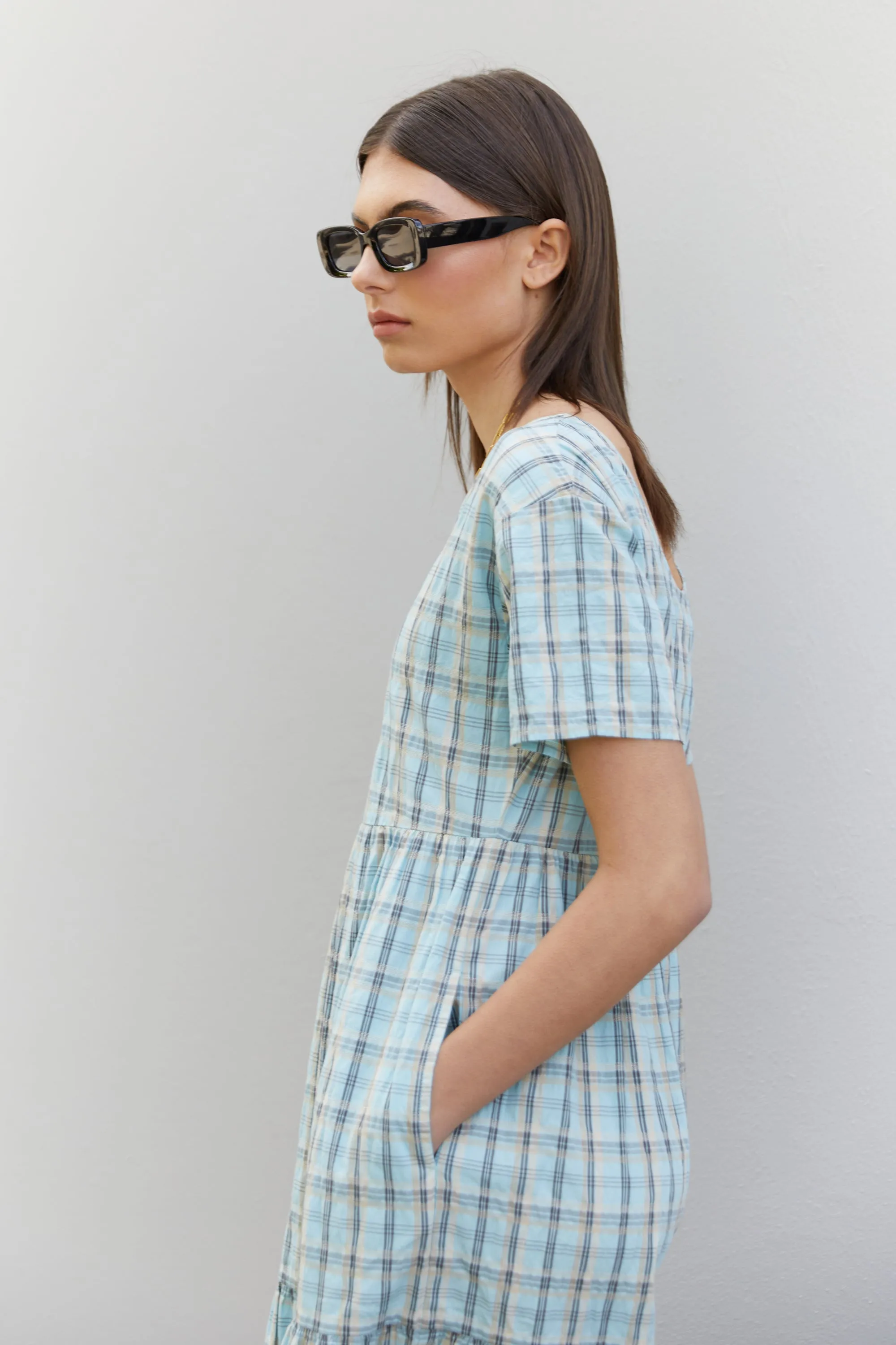 PLAID TIERED MIDI DRESS