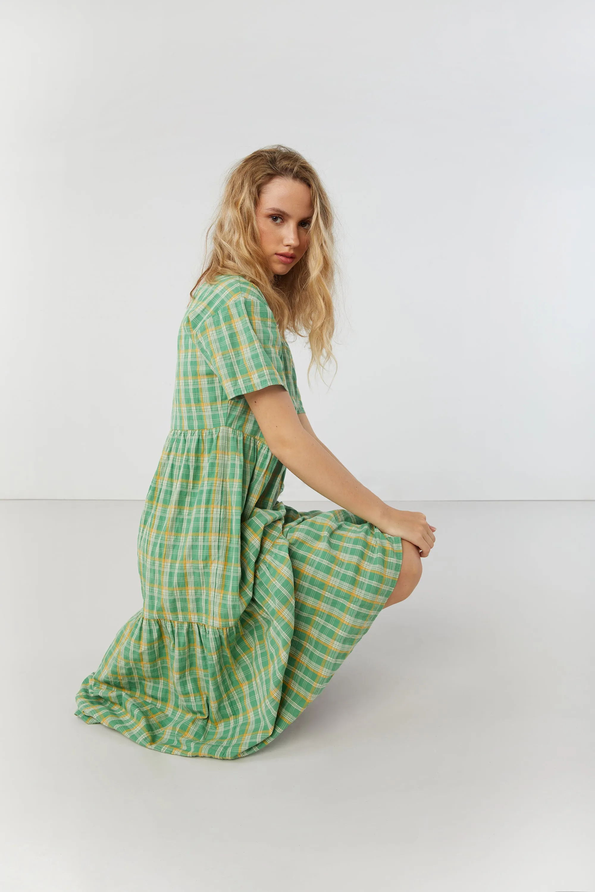 PLAID TIERED MIDI DRESS