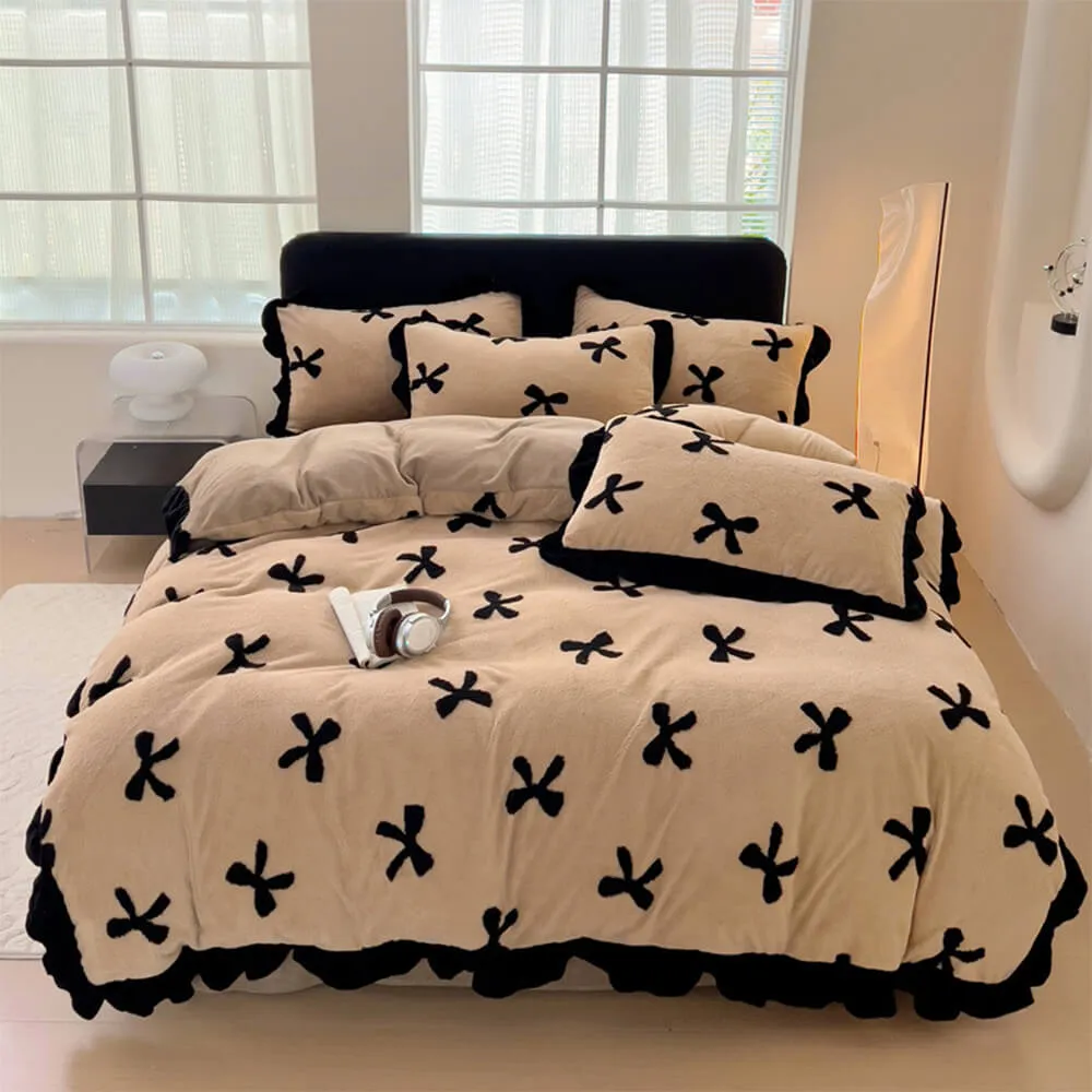 Romantic Bow knot Anti-Static Warm Milk Velvet Bed Sheet Set