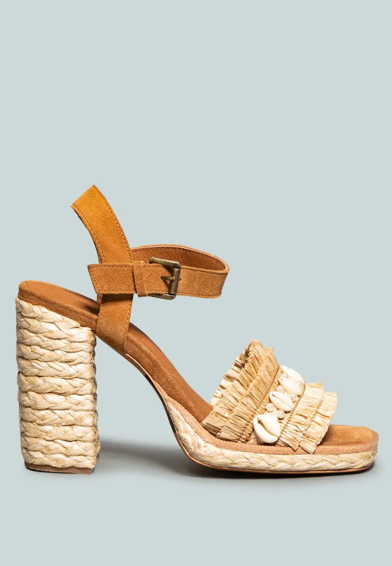 WILLIS Tan Cowrie Raffia Handmade Block Sandal