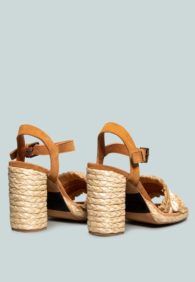 WILLIS Tan Cowrie Raffia Handmade Block Sandal